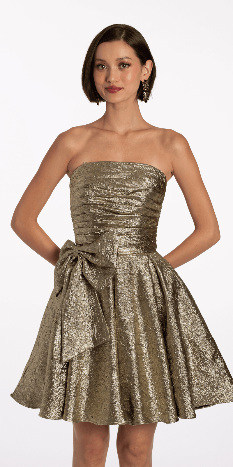 Metallic Crinkle Pleated Strapless Fit and Flare Dress with Bow - Camille La Vie