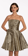 Metallic Crinkle Pleated Strapless Fit and Flare Dress with Bow - Camille La Vie