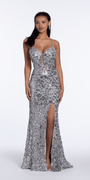 Fishnet Asymmetric Plunge Sequin Column Dress - Camille La Vie
