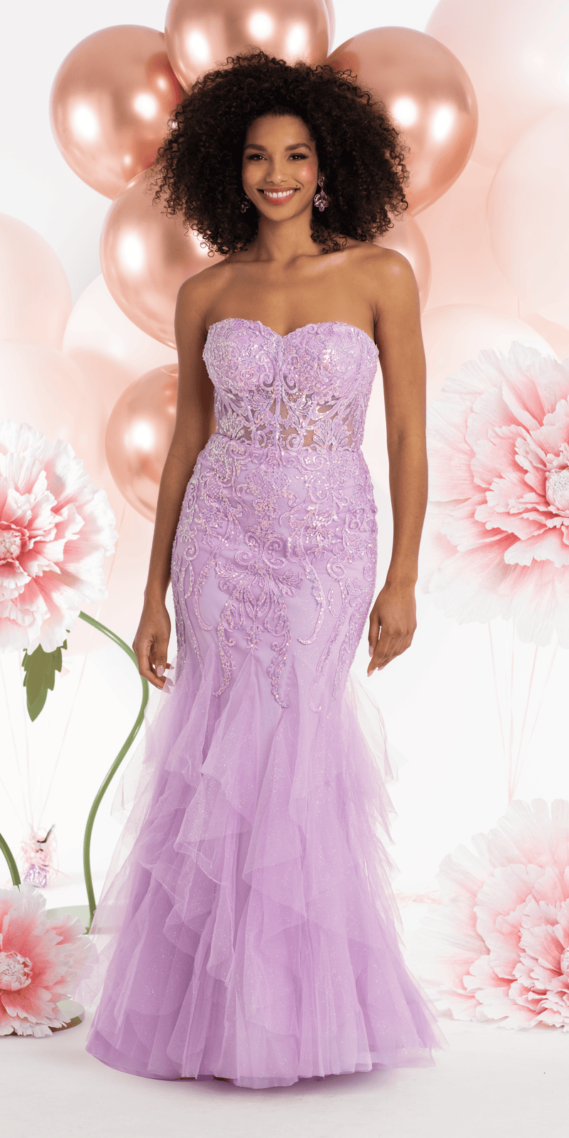 Embroidered Strapless Glitter Mesh Corset Mermaid Dress with Tendrils - Camille La Vie