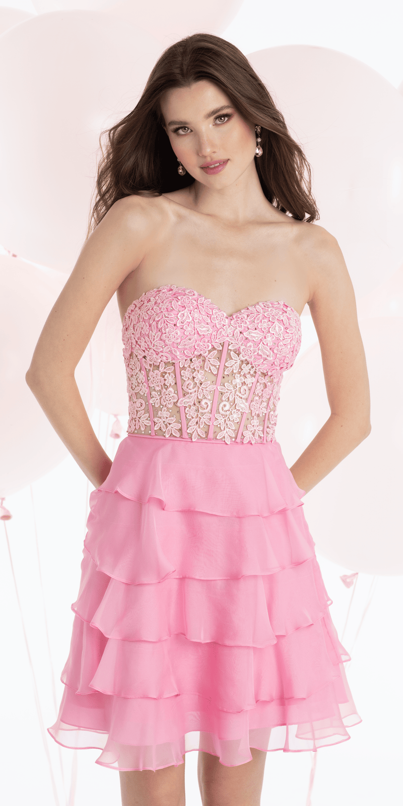 Chiffon Strapless Embroidered Corset Tiered Fit and Flare Dress - Camille La Vie