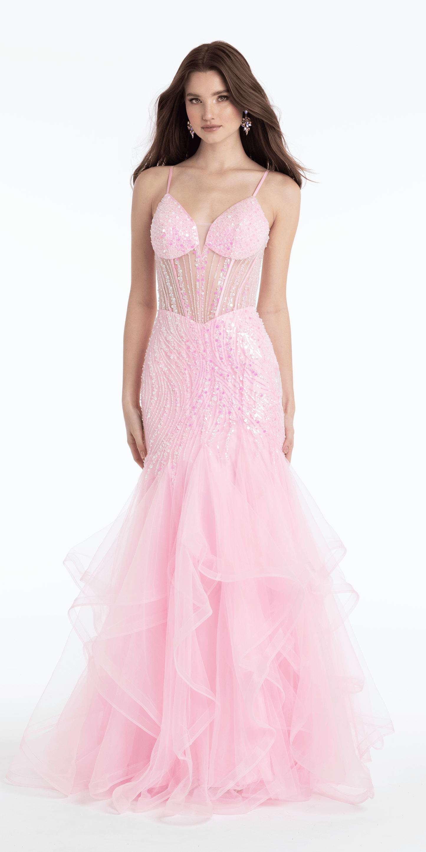 Sweetheart Sequin Mesh Corset Tiered Mermaid Dress - Camille La Vie