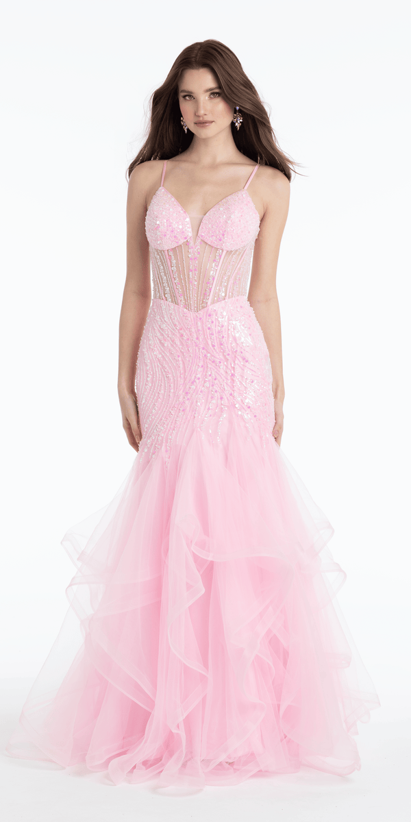 Sweetheart Sequin Mesh Corset Tiered Mermaid Dress - Camille La Vie