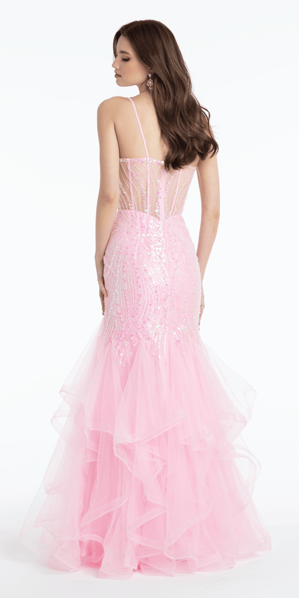 Sweetheart Sequin Mesh Corset Tiered Mermaid Dress - Camille La Vie