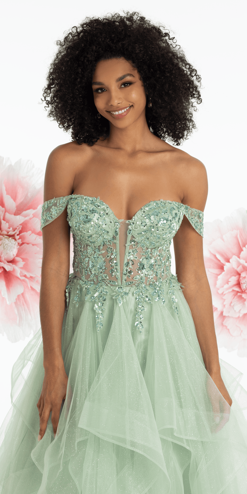 Embroidered Off the Shoulder Beaded Glitter Tulle Tiered Ballgown - Camille La Vie