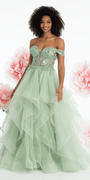 Embroidered Off the Shoulder Beaded Glitter Tulle Tiered Ballgown - Camille La Vie