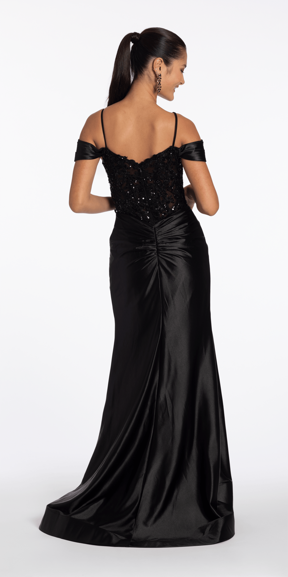 Camille La Vie Embroidered Sequin Satin Off the Shoulder Twist Knot Trumpet Dress
