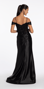 Camille La Vie Embroidered Sequin Satin Off the Shoulder Twist Knot Trumpet Dress