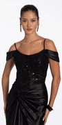Camille La Vie Embroidered Sequin Satin Off the Shoulder Twist Knot Trumpet Dress