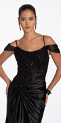 Camille La Vie Embroidered Sequin Satin Off the Shoulder Twist Knot Trumpet Dress