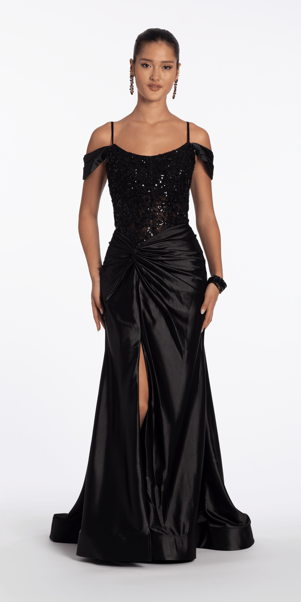 Camille La Vie Embroidered Sequin Satin Off the Shoulder Twist Knot Trumpet Dress