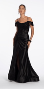 Camille La Vie Embroidered Sequin Satin Off the Shoulder Twist Knot Trumpet Dress missy / 2 / black