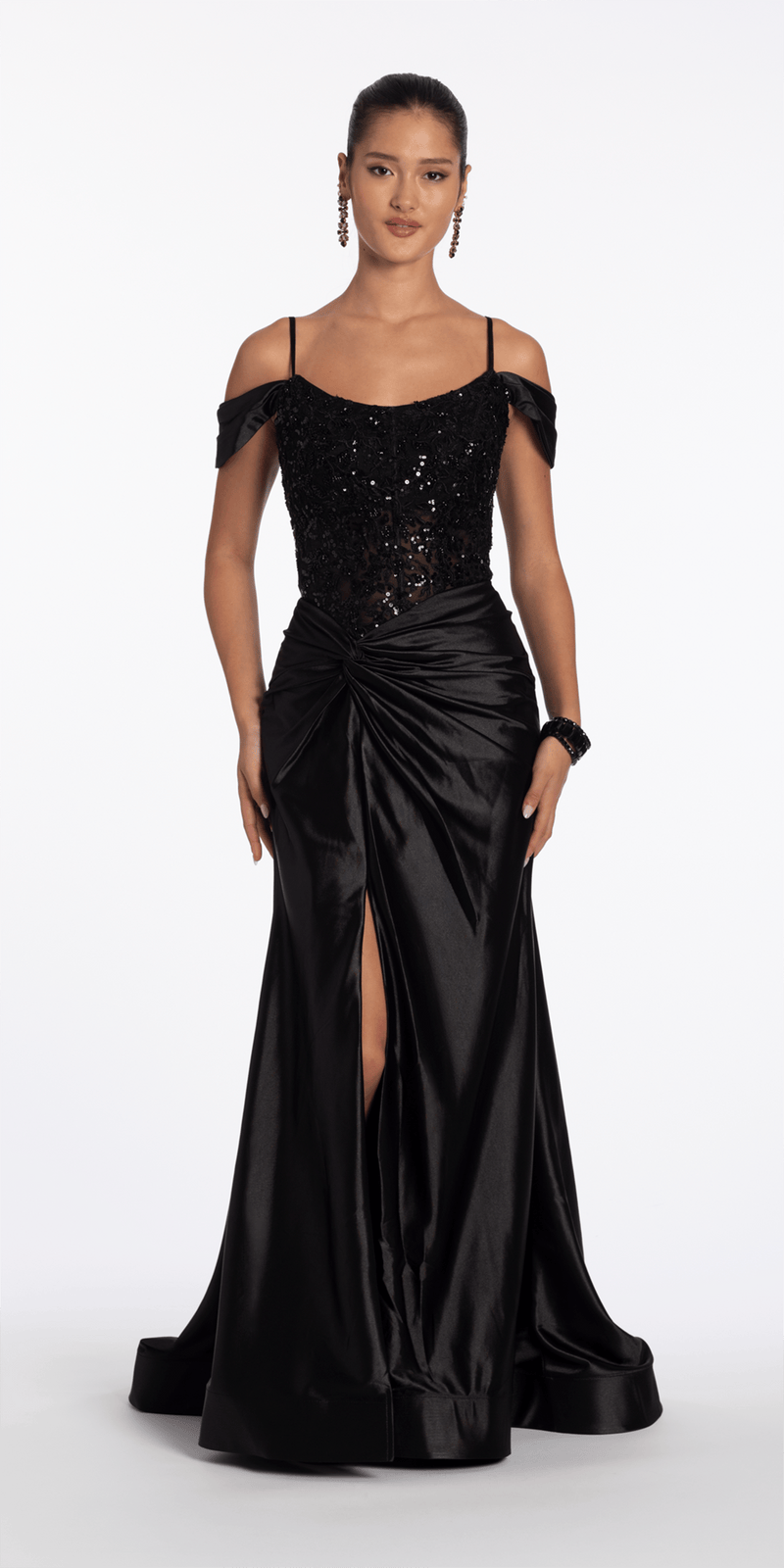 Camille La Vie Embroidered Sequin Satin Off the Shoulder Twist Knot Trumpet Dress