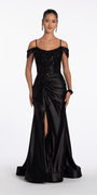 Camille La Vie Embroidered Sequin Satin Off the Shoulder Twist Knot Trumpet Dress