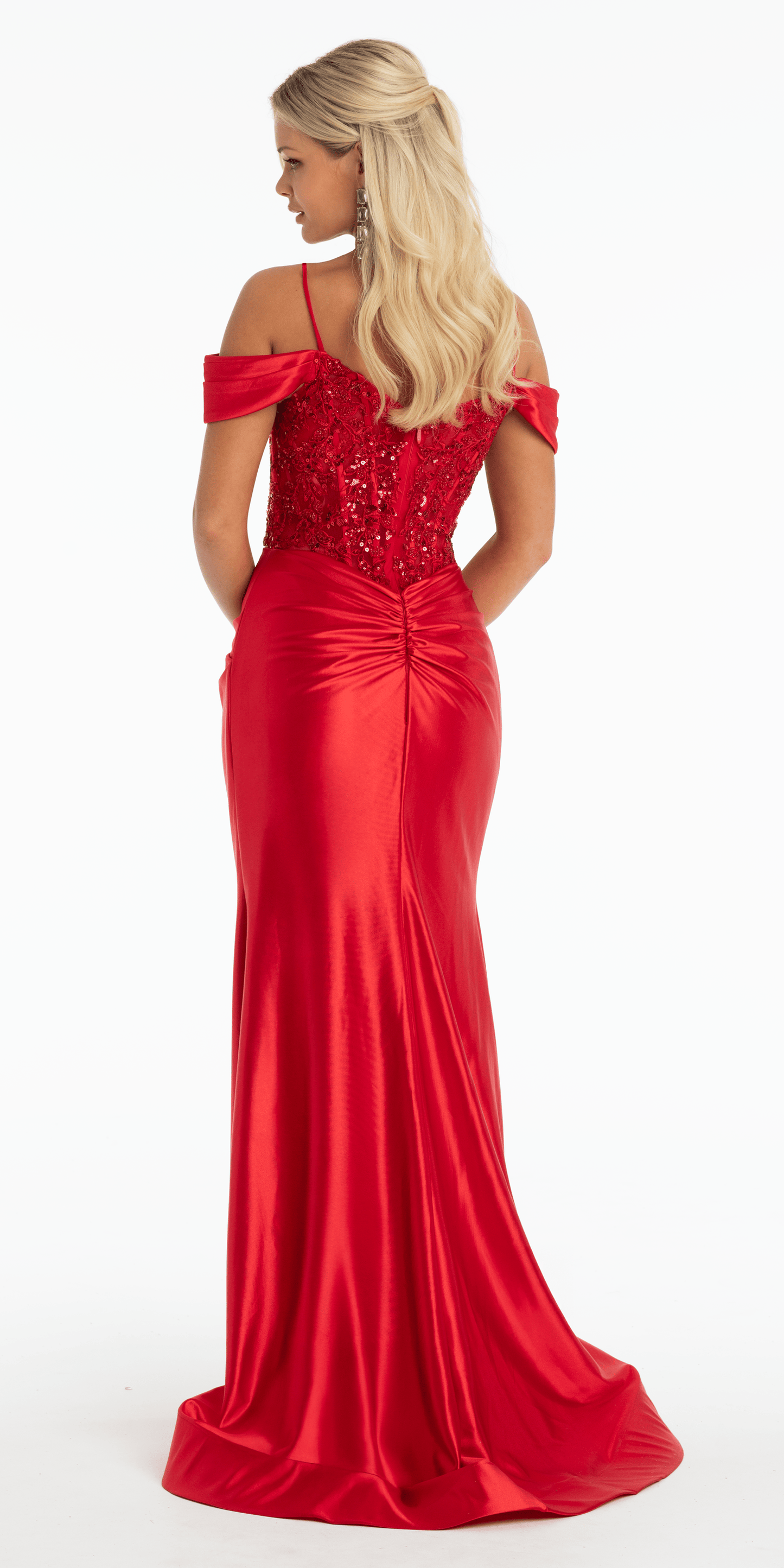 Embroidered Sequin Satin Off the Shoulder Twist Knot Trumpet Dress - Camille La Vie