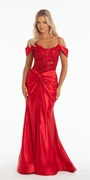 Embroidered Sequin Satin Off the Shoulder Twist Knot Trumpet Dress - Camille La Vie