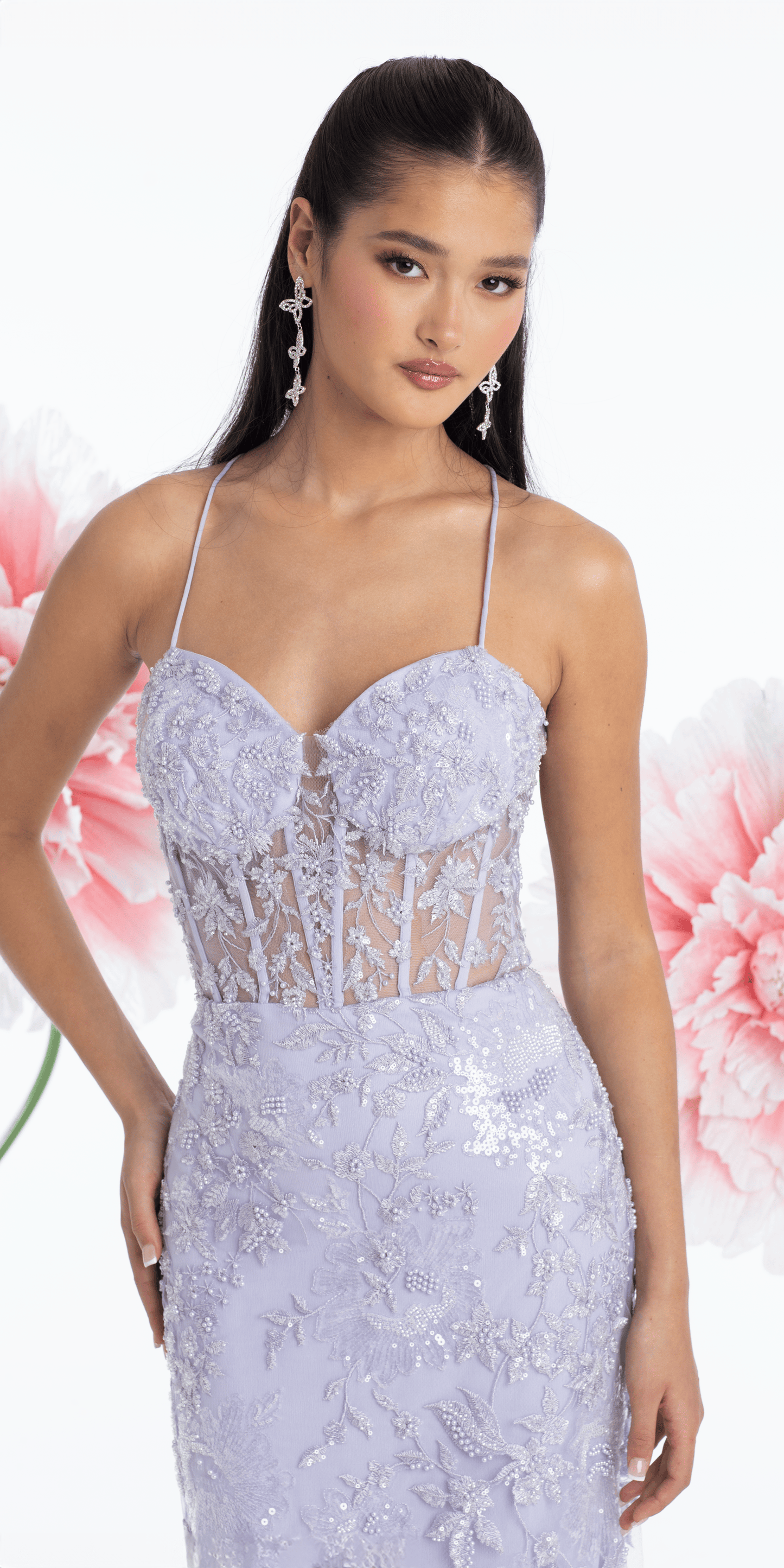 Pearl Accent Floral Embroidered Mesh Corset Mermaid Dress - Camille La Vie