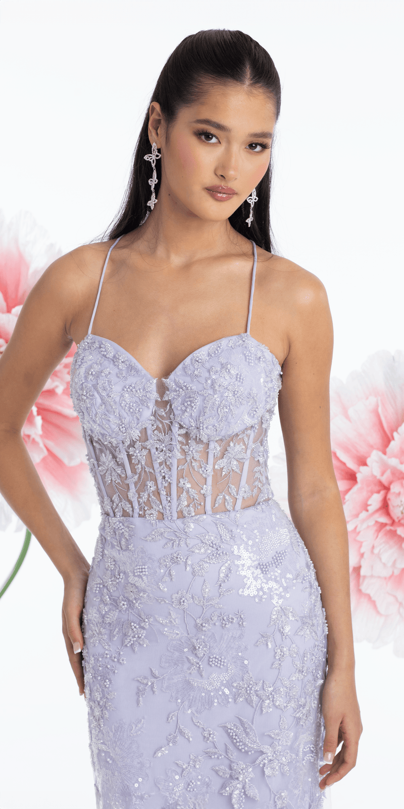 Pearl Accent Floral Embroidered Mesh Corset Mermaid Dress - Camille La Vie