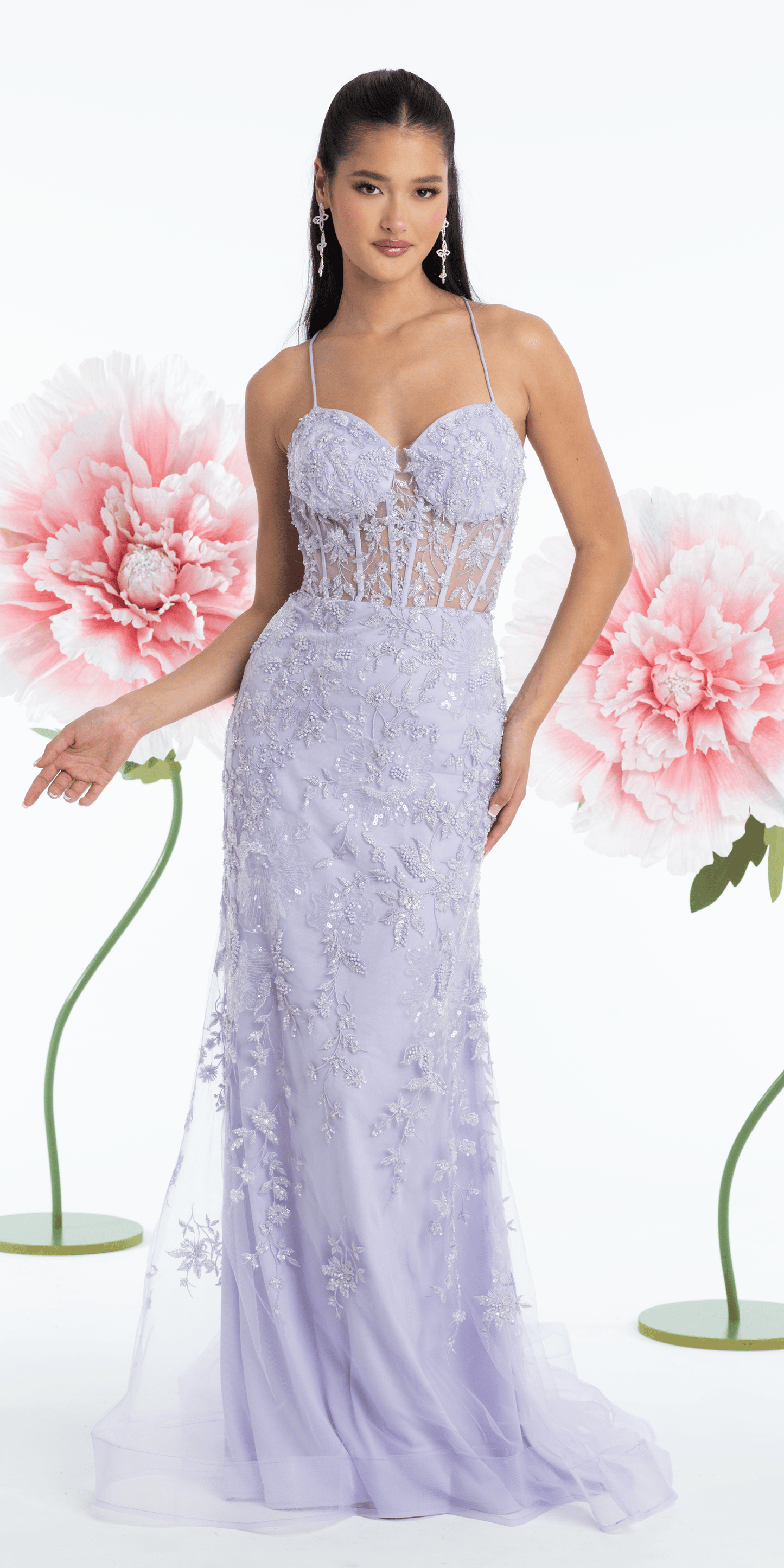 Pearl Accent Floral Embroidered Mesh Corset Mermaid Dress - Camille La Vie