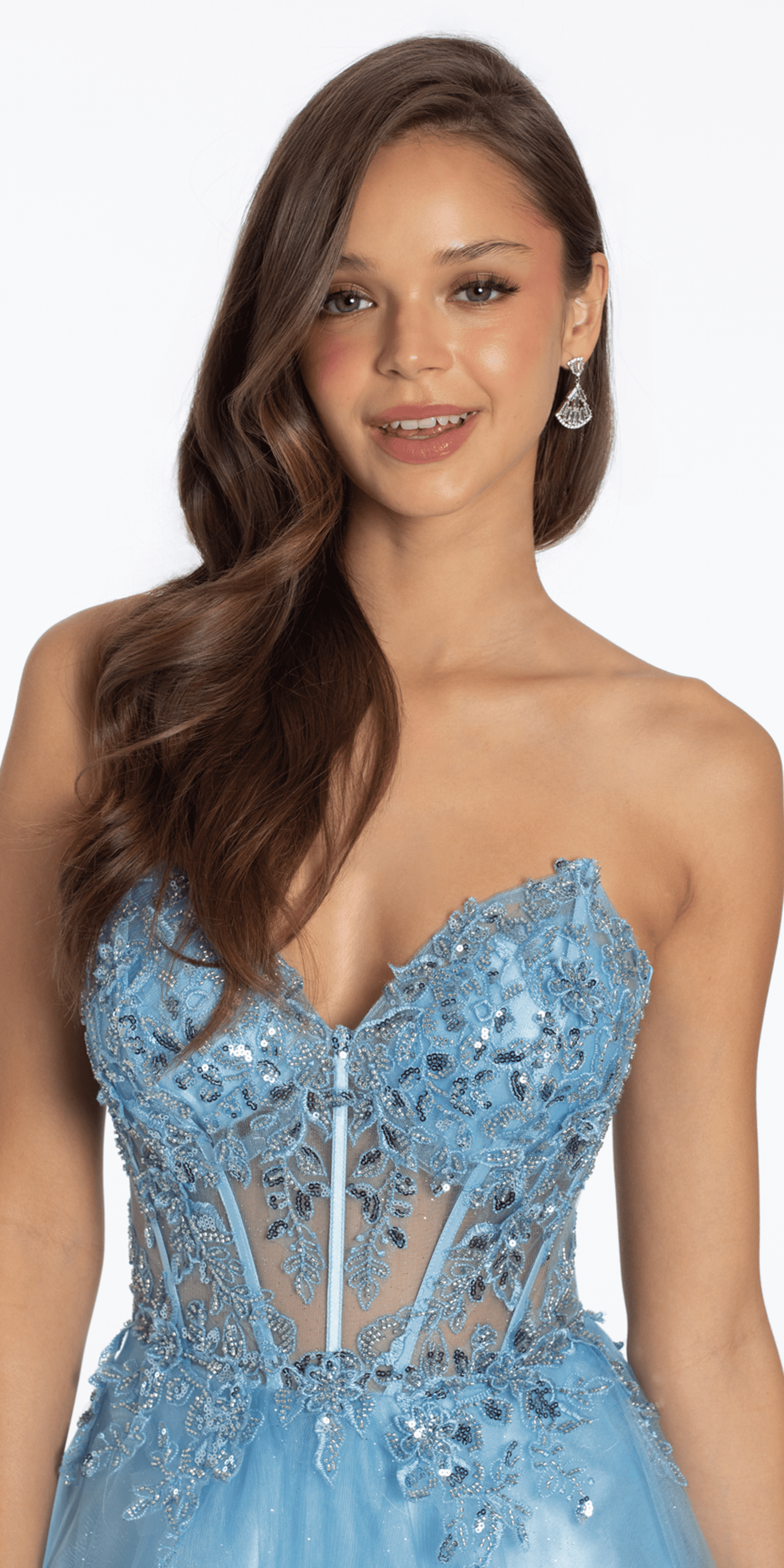 light-blue/size/4/ missy/Camille La Vie/Strapless Sweetheart Glitter Tulle Corset Ballgown/close up