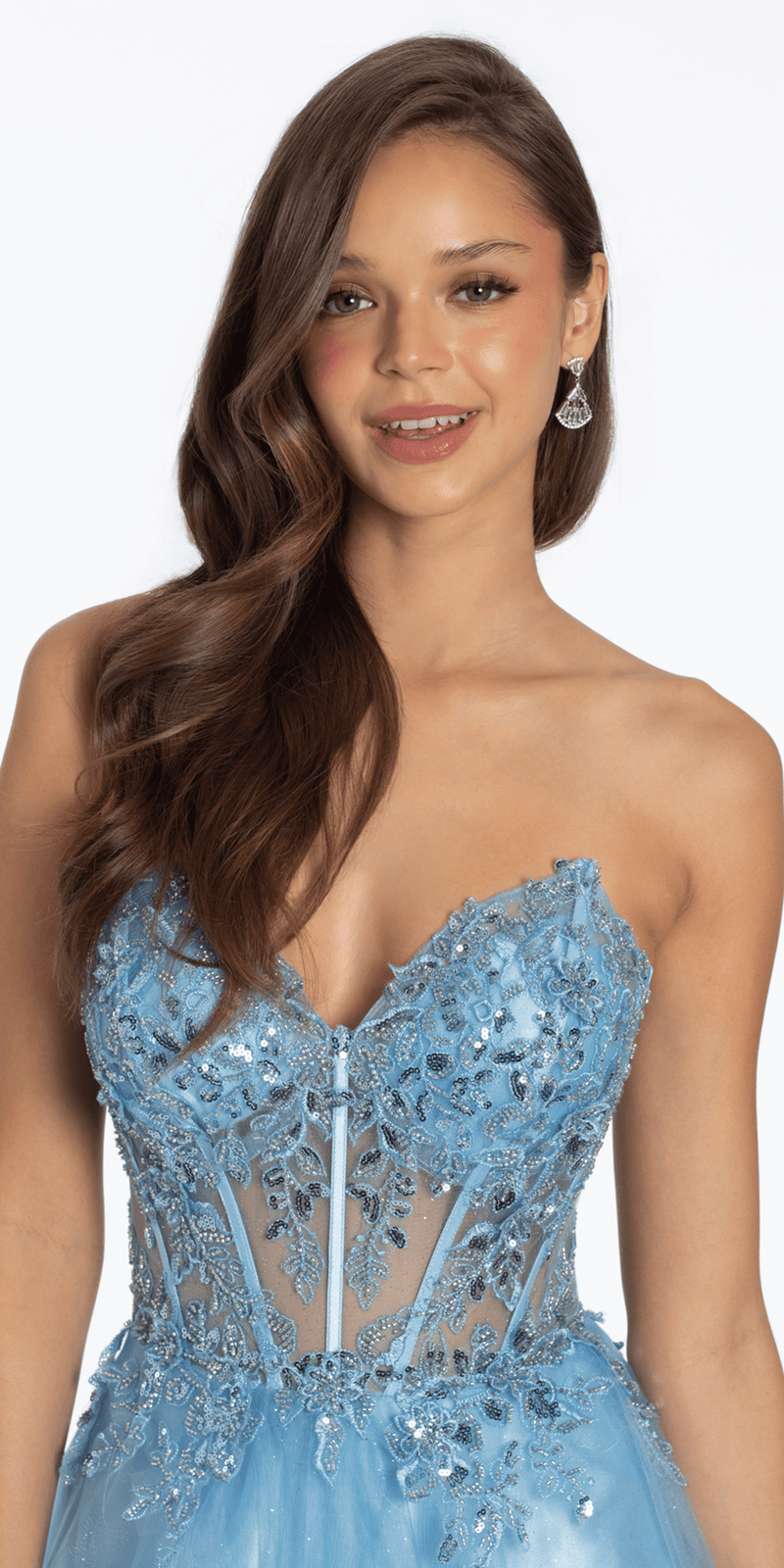 light-blue/size/4/ missy/Camille La Vie/Strapless Sweetheart Glitter Tulle Corset Ballgown/close up
