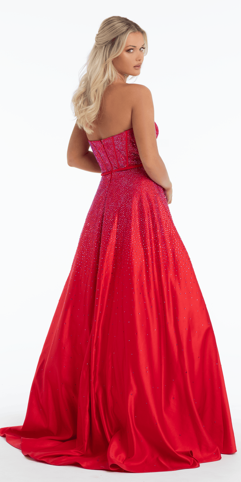 Bow Front Satin Strapless Corset Ballgown with Heat Set Stones - Camille La Vie