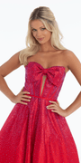 Bow Front Satin Strapless Corset Ballgown with Heat Set Stones - Camille La Vie