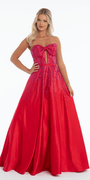 Bow Front Satin Strapless Corset Ballgown with Heat Set Stones - Camille La Vie