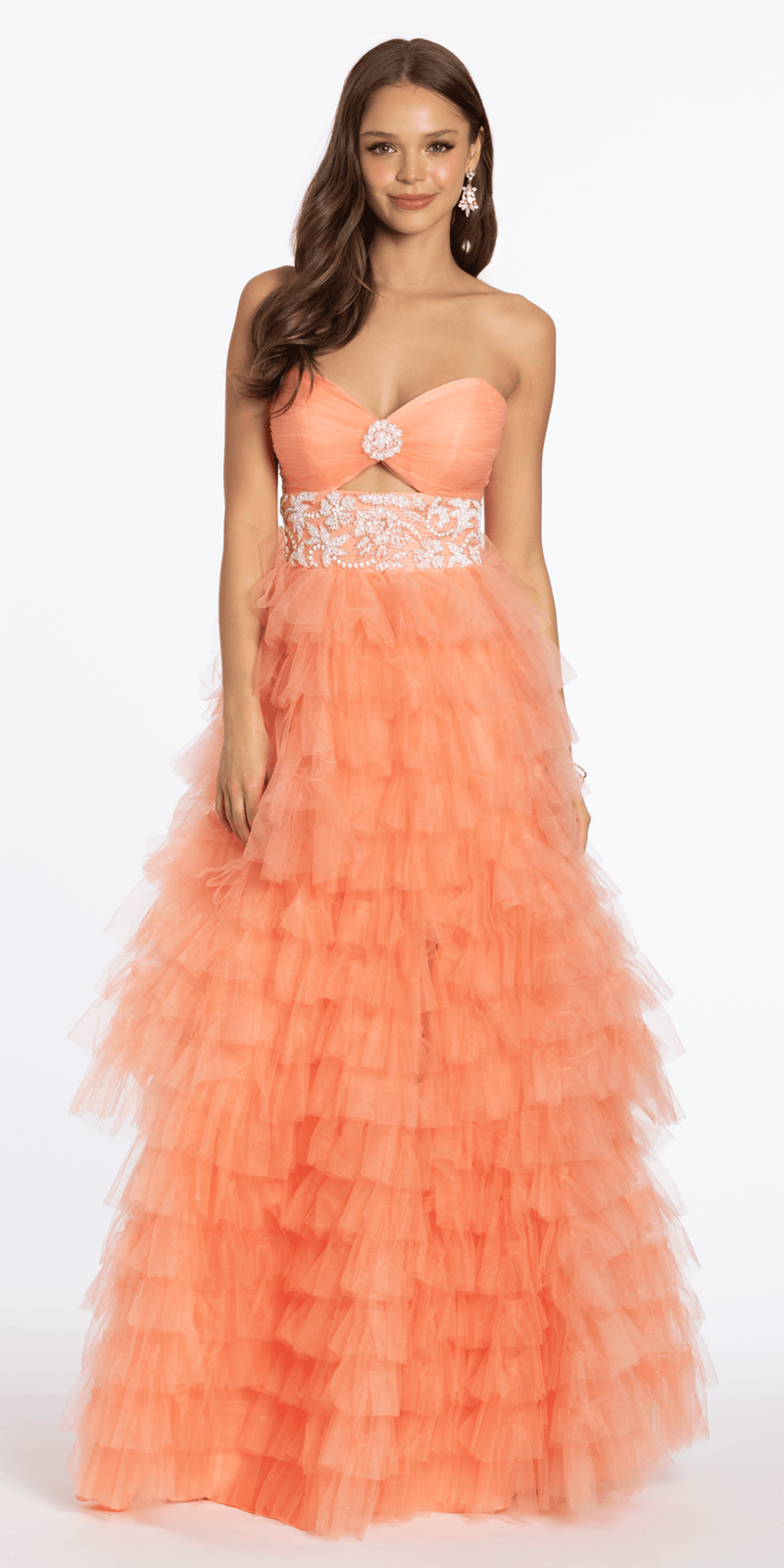 Strapless Tiered Mesh Ballgown with Keyhole and Beading - Camille La Vie