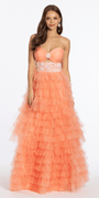 Strapless Tiered Mesh Ballgown with Keyhole and Beading - Camille La Vie