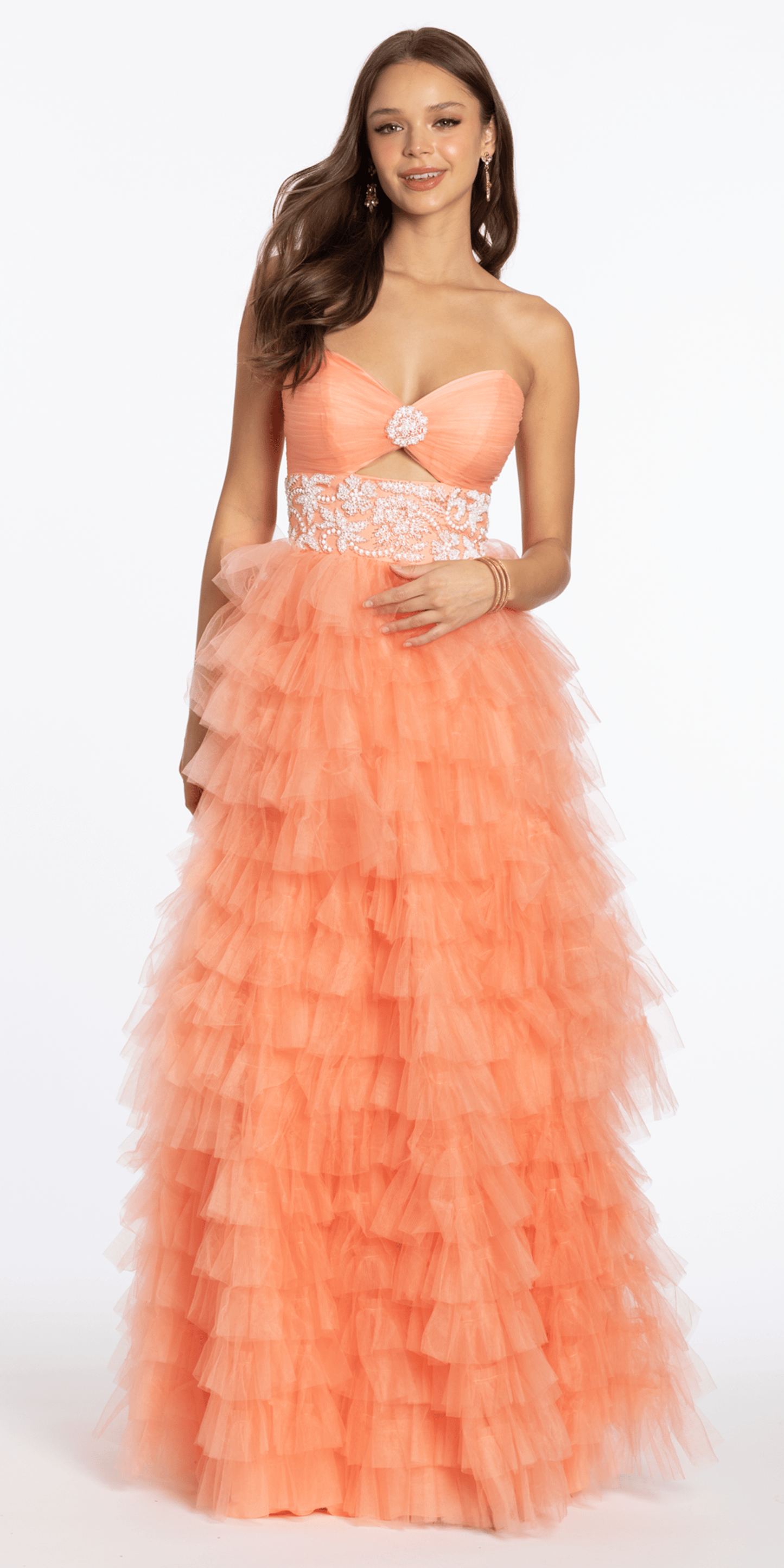 Strapless Tiered Mesh Ballgown with Keyhole and Beading - Camille La Vie