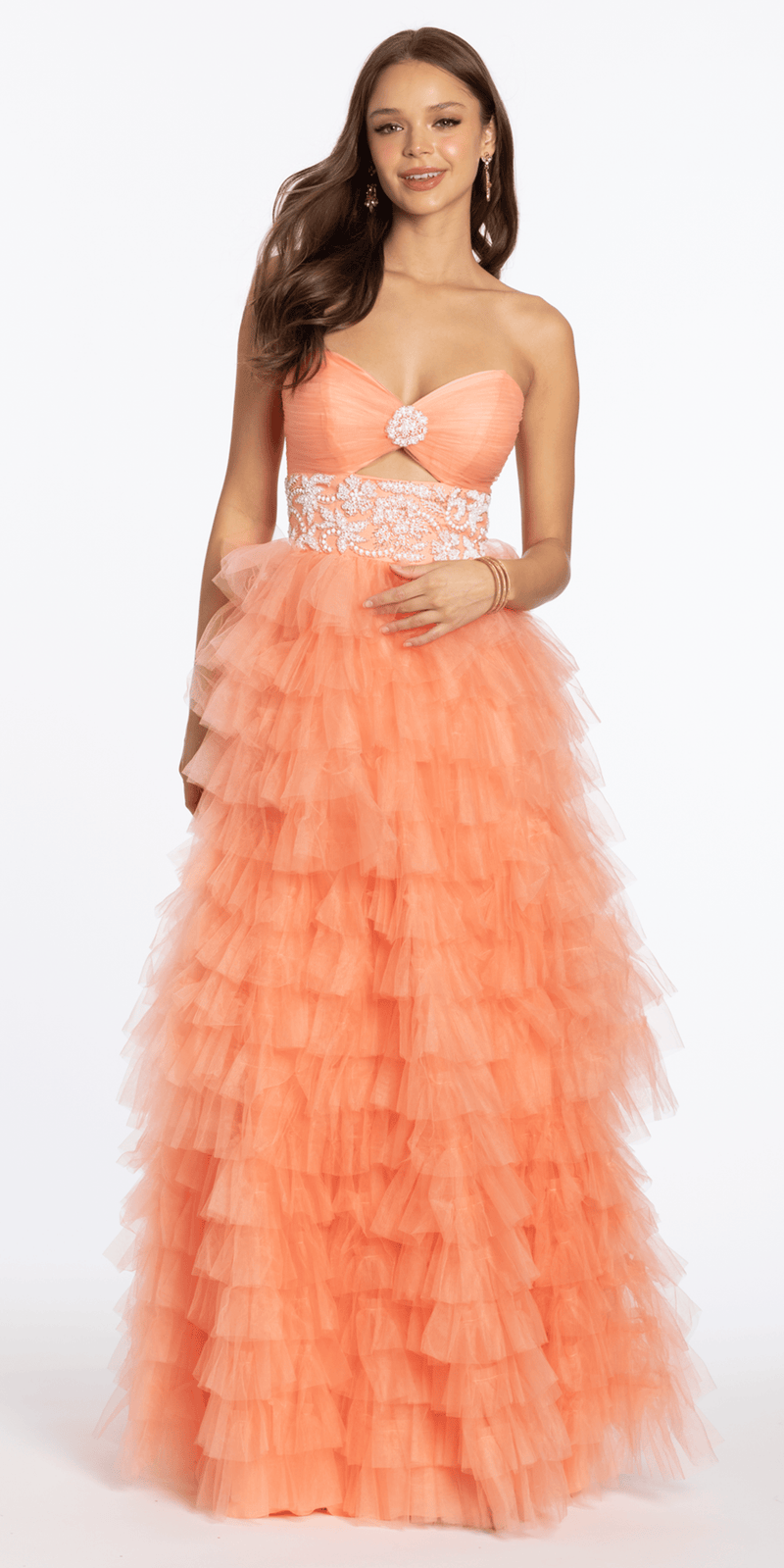 Strapless Tiered Mesh Ballgown with Keyhole and Beading - Camille La Vie