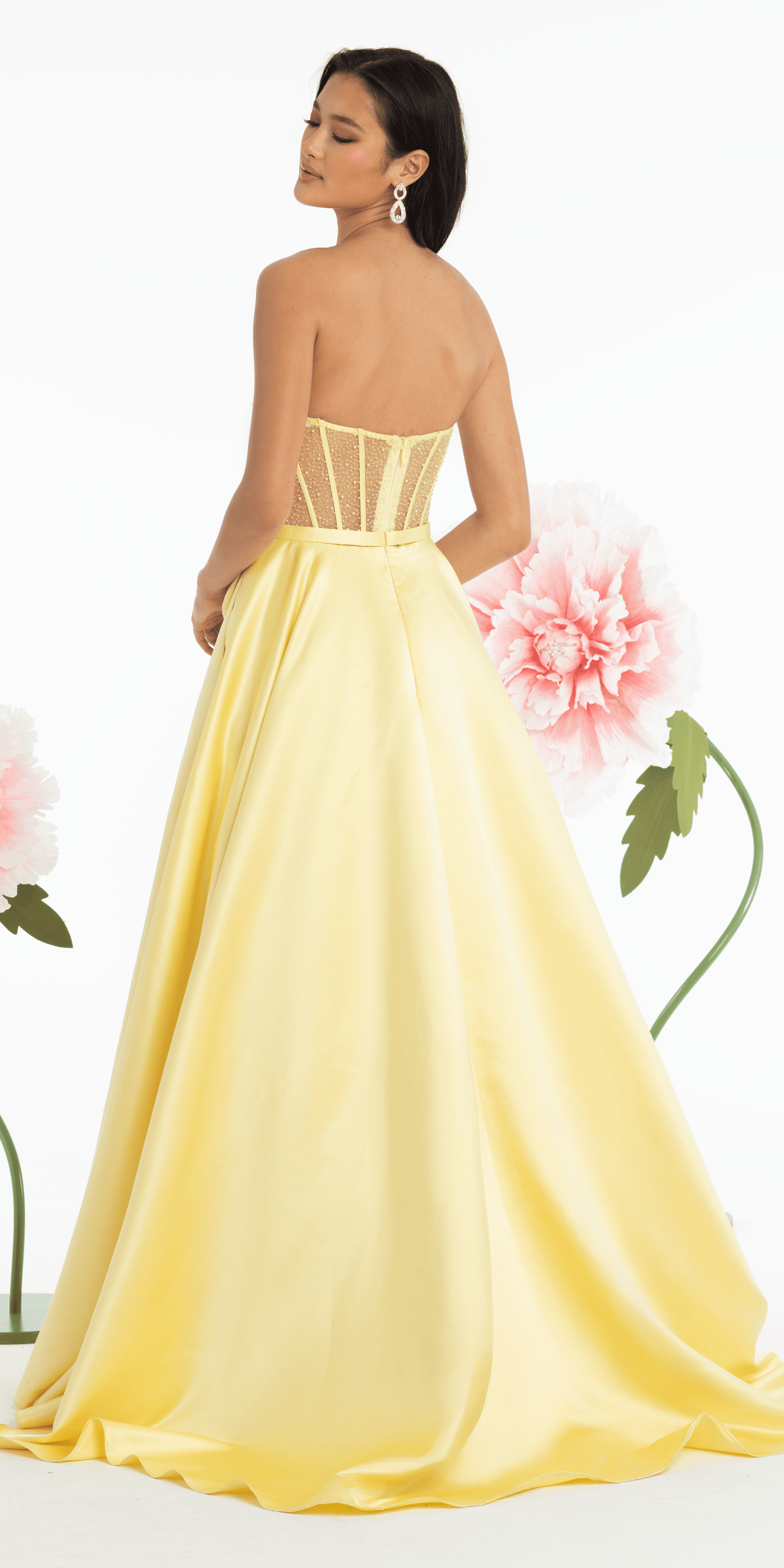 Satin Beaded Bow Corset Ballgown with Pockets - Camille La Vie