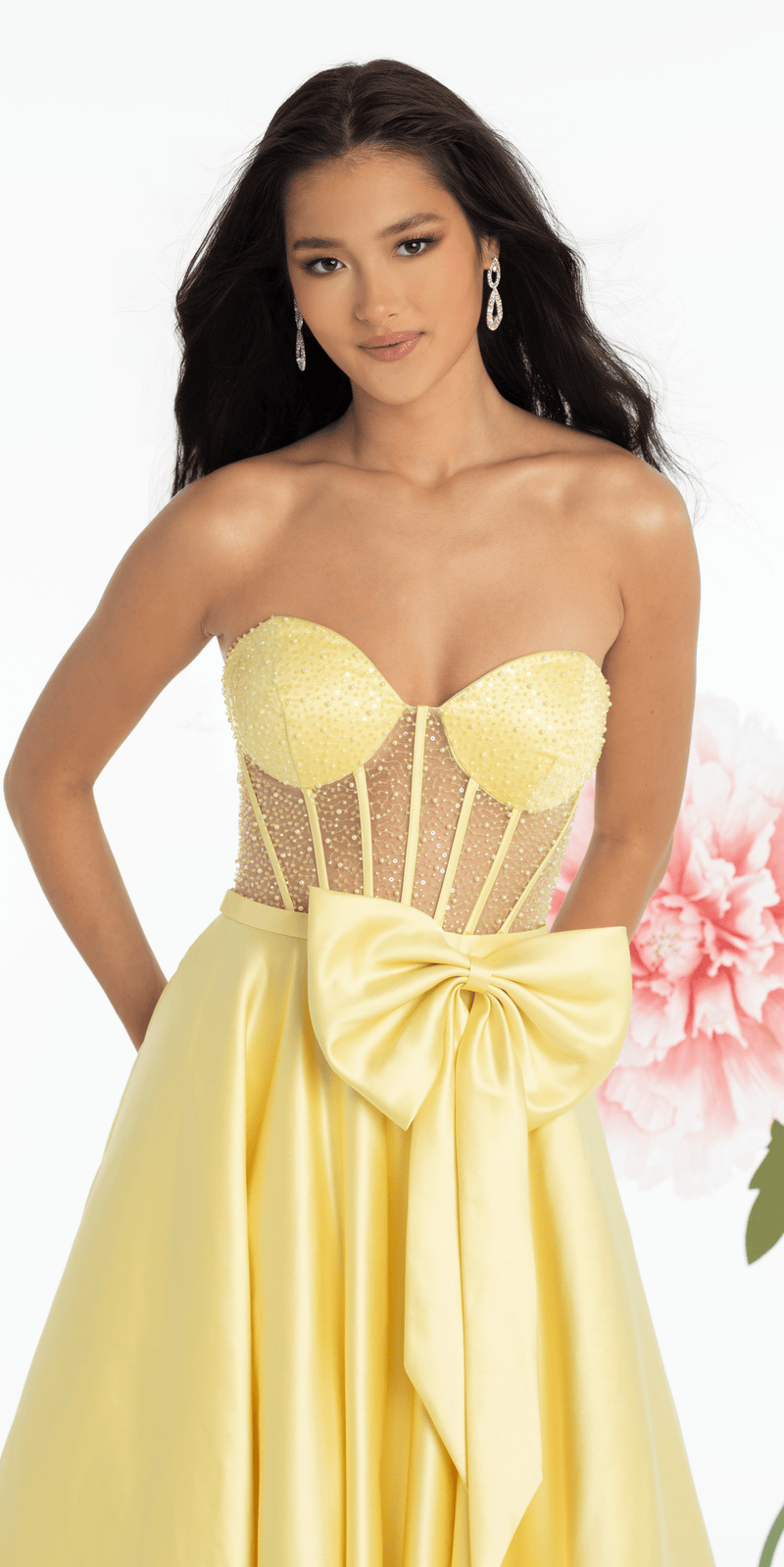 Satin Beaded Bow Corset Ballgown with Pockets - Camille La Vie