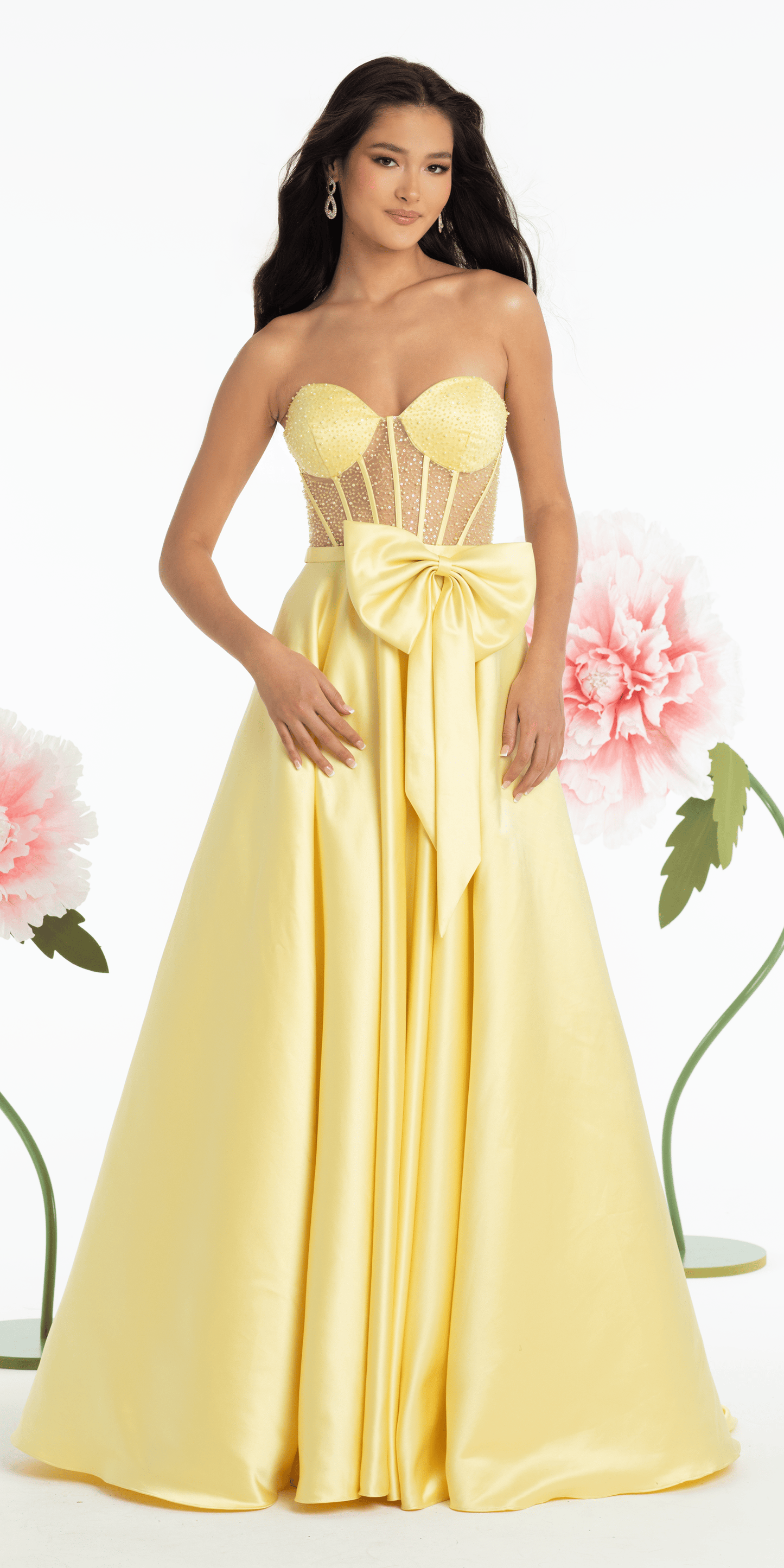 Satin Beaded Bow Corset Ballgown with Pockets - Camille La Vie
