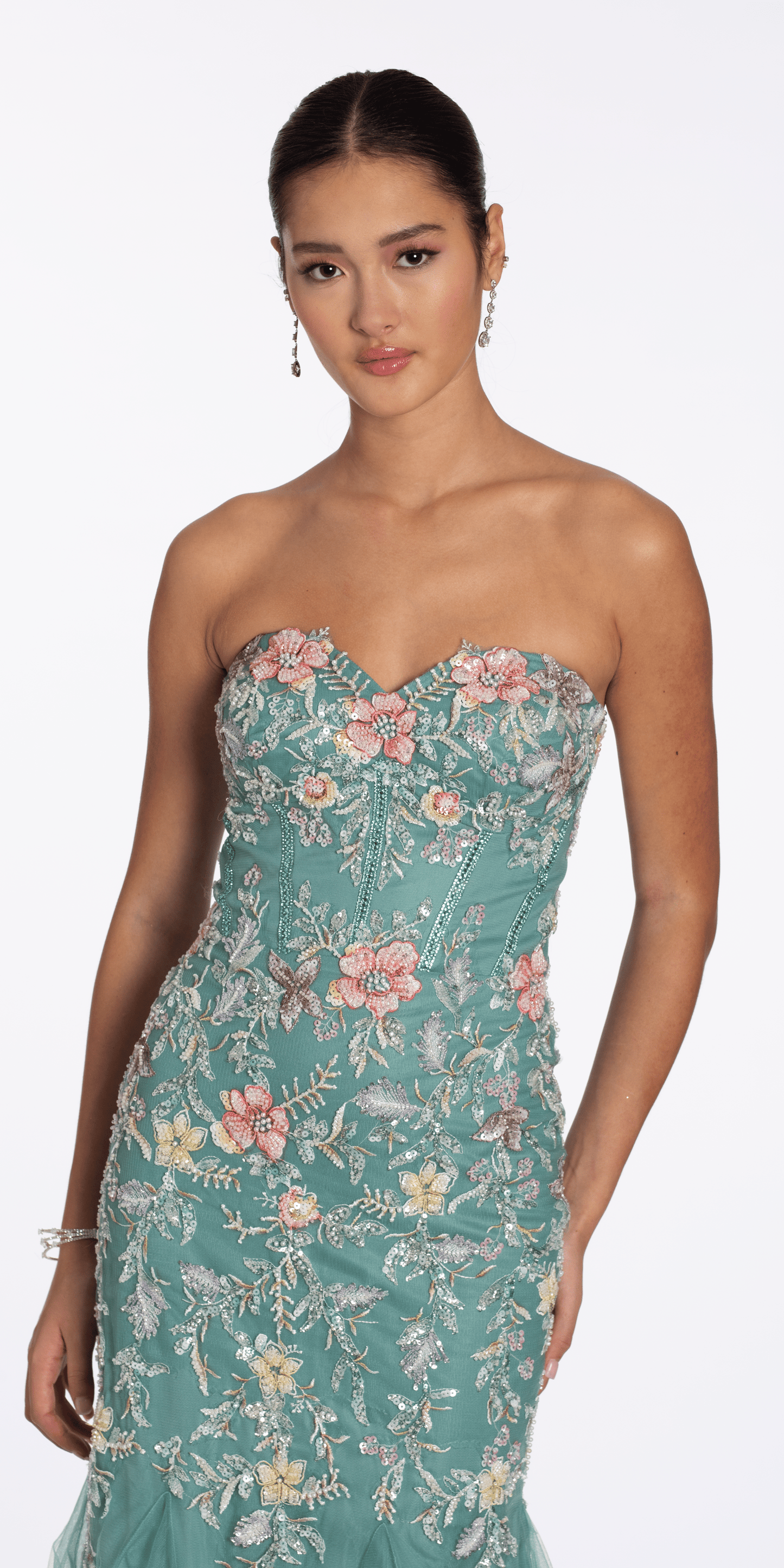 Camille La Vie Floral Mesh Embroidered Strapless Mermaid Dress with Godets