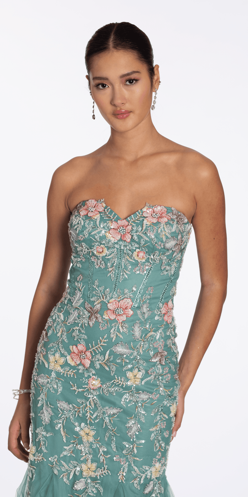 Camille La Vie Floral Mesh Embroidered Strapless Mermaid Dress with Godets