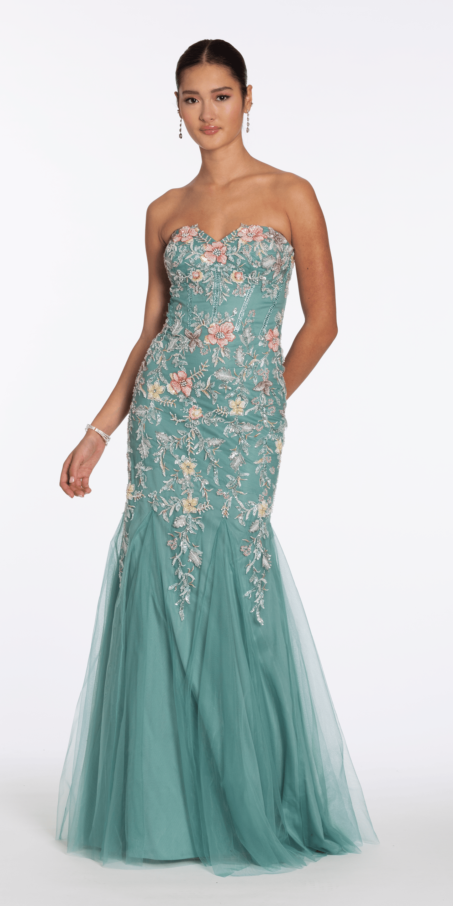Floral Mesh Embroidered Strapless Mermaid Dress with Godets - Camille La Vie