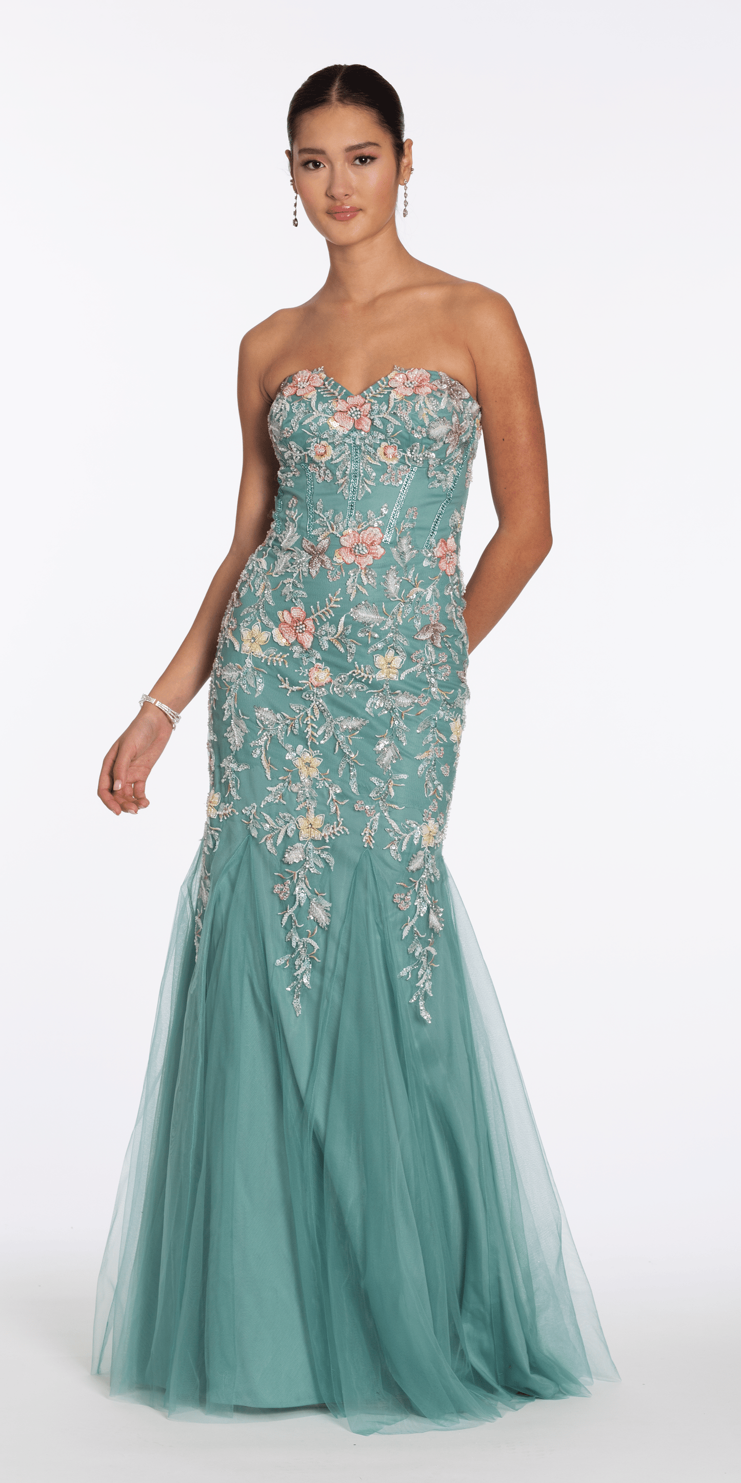 Camille La Vie Floral Mesh Embroidered Strapless Mermaid Dress with Godets