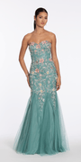 Camille La Vie Floral Mesh Embroidered Strapless Mermaid Dress with Godets