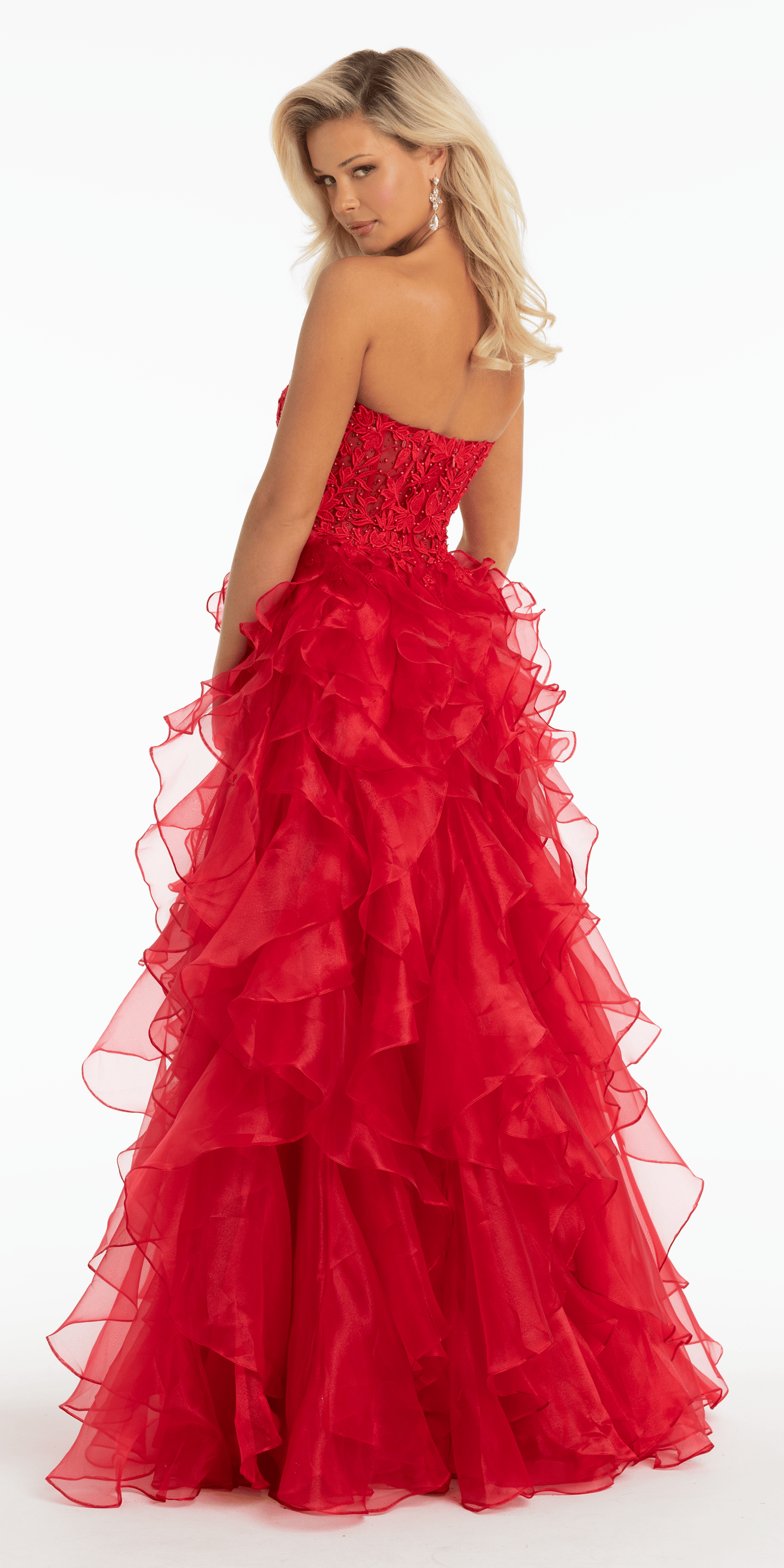 Strapless Embroidered Organza Corset Ballgown with Ruffles - Camille La Vie