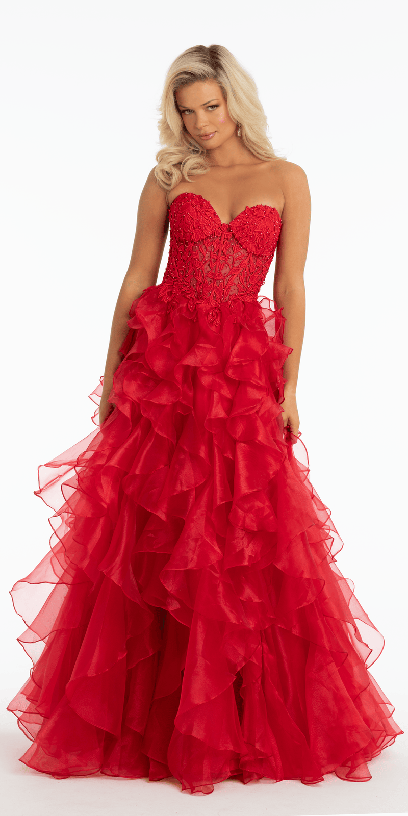 Strapless Embroidered Organza Corset Ballgown with Ruffles - Camille La Vie