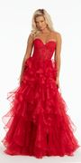 Strapless Embroidered Organza Corset Ballgown with Ruffles - Camille La Vie