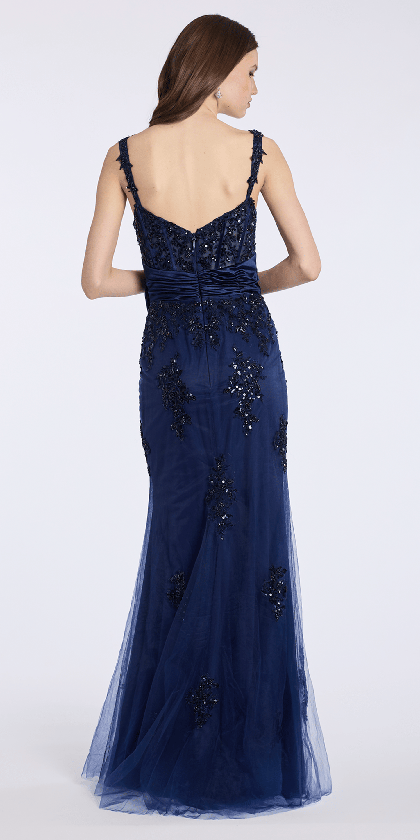 navy/size/6/missy/Camille La Vie/ Tulle Sequin Embellished Corset Column Corset Column Dress with Satin Bow/back