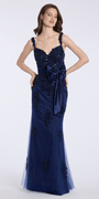 navy/size/6/missy/Camille La Vie/ Tulle Sequin Embellished Corset Column Corset Column Dress with Satin Bow/front 