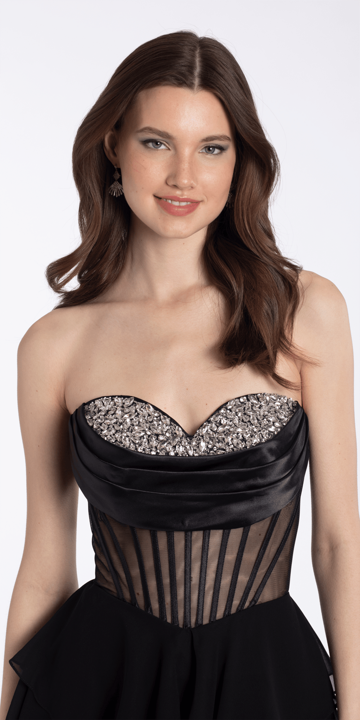 black/size/4/missy/Camille La Vie//Rhinestone Drape Neck Corset Fit and Flare Dress with Chiffon Tiers/close up 2