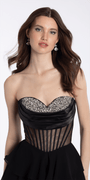 black/size/4/missy/Camille La Vie//Rhinestone Drape Neck Corset Fit and Flare Dress with Chiffon Tiers/close up