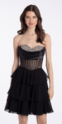 black/size/4/missy/Camille La Vie//Rhinestone Drape Neck Corset Fit and Flare Dress with Chiffon Tiers/front 2