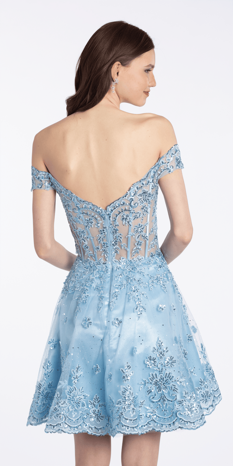 Camille La Vie Off the Shoulder Corset Fit and Flare Dress with Scallop Hem