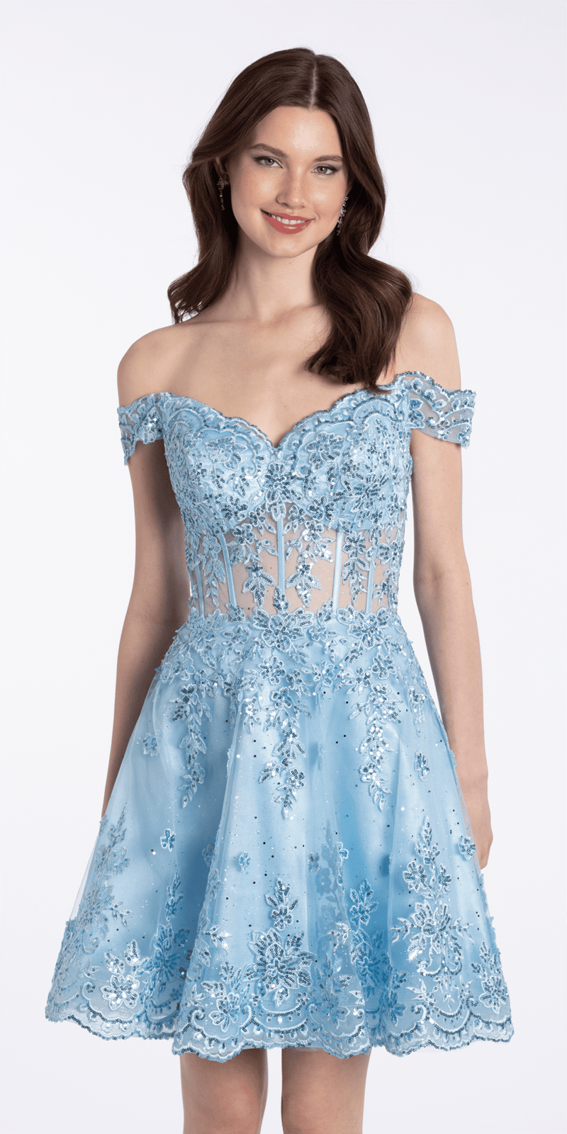 Camille La Vie Off the Shoulder Corset Fit and Flare Dress with Scallop Hem